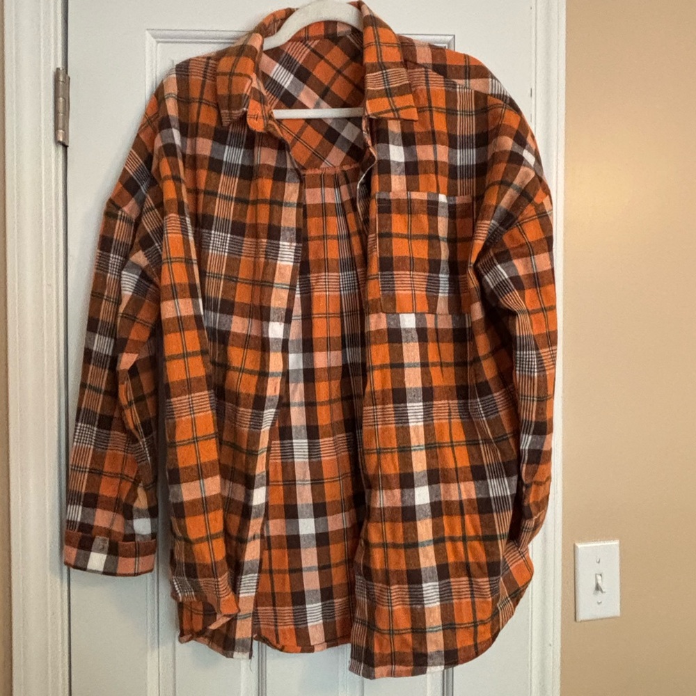 Orange Plaid Button-Up Shirt